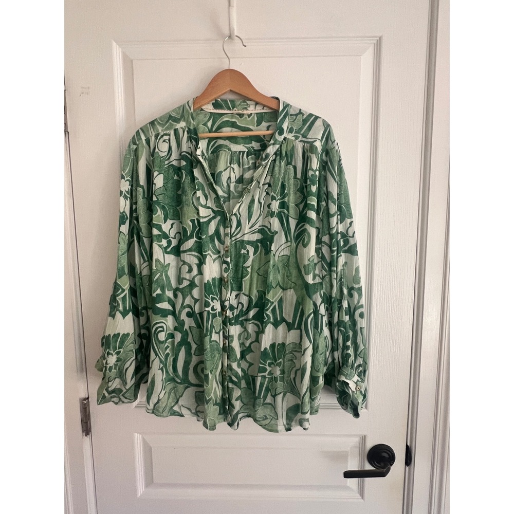 Pilcro Blouse Green White Floral Dolman Sleeve Button Up Boho Flowy Romantic - Picture 5 of 15